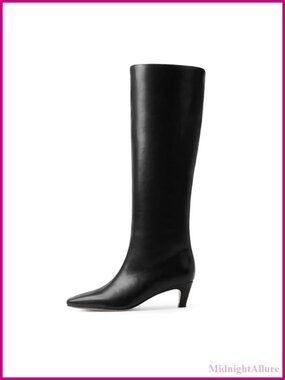 Knee High Boots Kitten Heel Square Toe Faux Leather Tall Boots